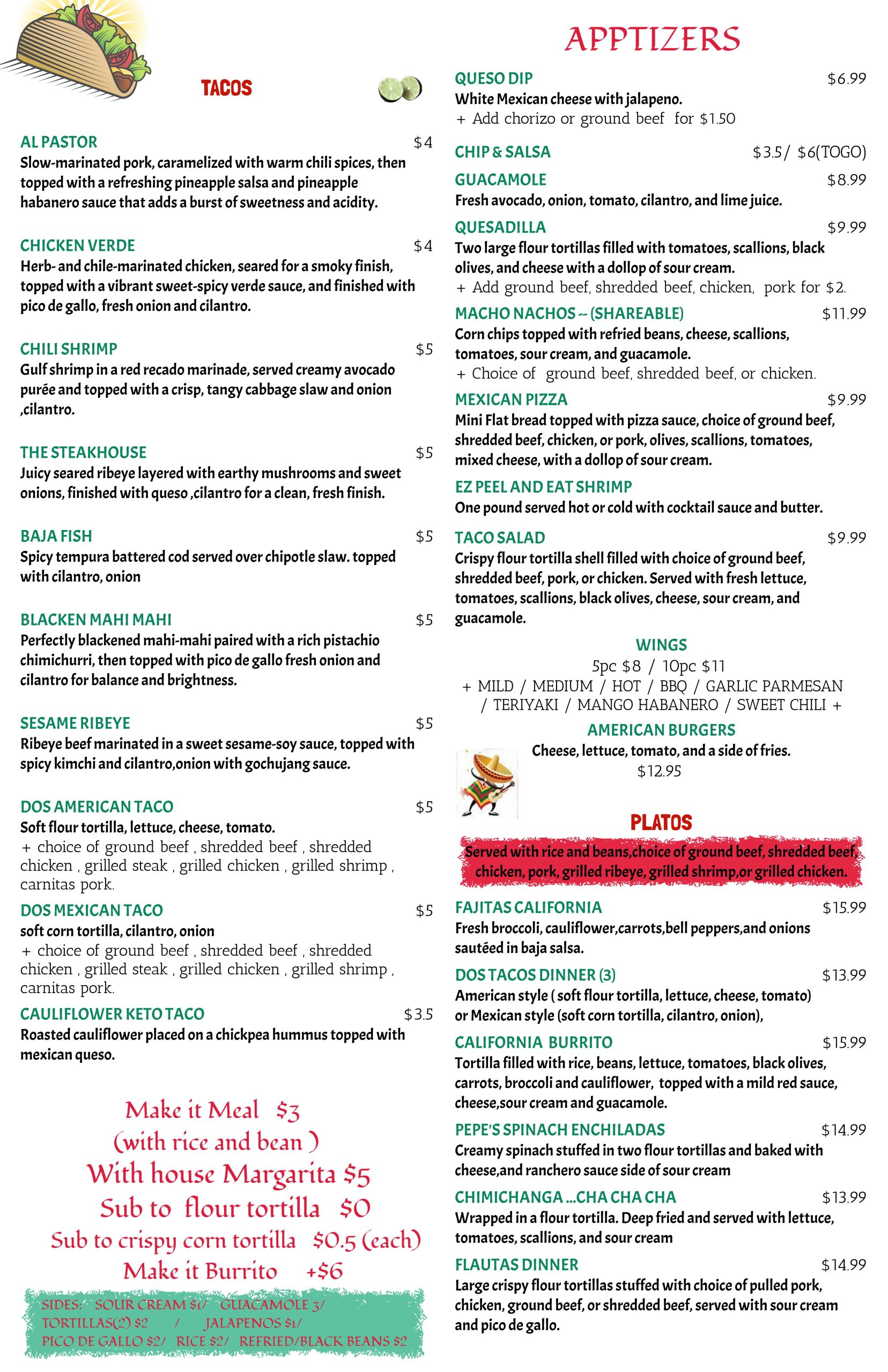 Cantina Dos Amigos Mexican Restaurant Dinner Menu