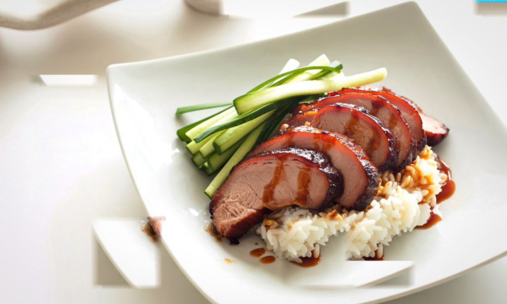Sliced char siu pork over rice with cucumber and scallion garnish at Canto House, a Chinese restaurant in Philadelphia