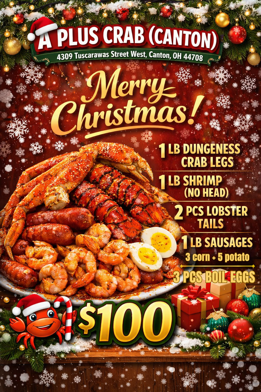 A Plus Crab (Canton): $100 Christmas seafood platter (1lb crab legs, 1lb shrimp, 2 lobster tails + sides).