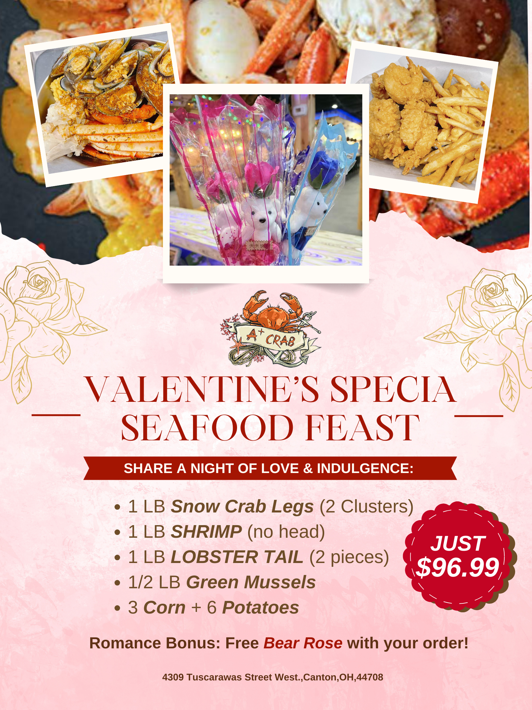 A promotional poster for A Plus Crab in Canton, Ohio, featuring a Valentine's Special Seafood Feast for $96.99. The deal includes snow crab legs, shrimp, lobster tails, green mussels, corn, and potatoes, plus a free 