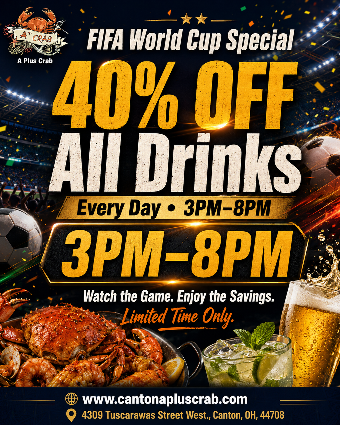 FIFA World Cup Special flyer from A Plus Crab offering 40% off all drinks every day from 3PM to 8PM.