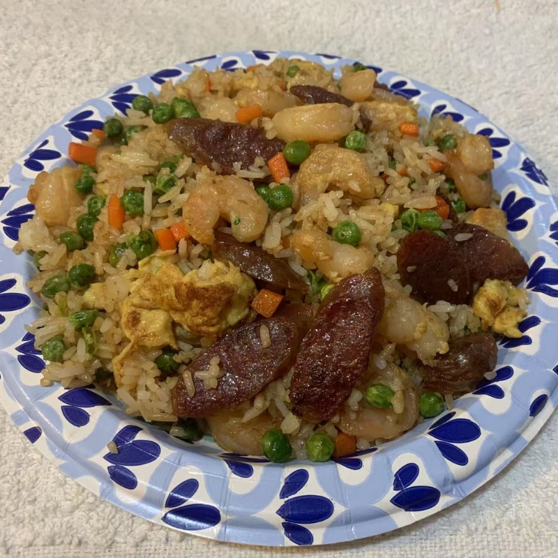 Fried rice with shrimp, sausages and veggies. a Chinese Restaurant in Oneida.
