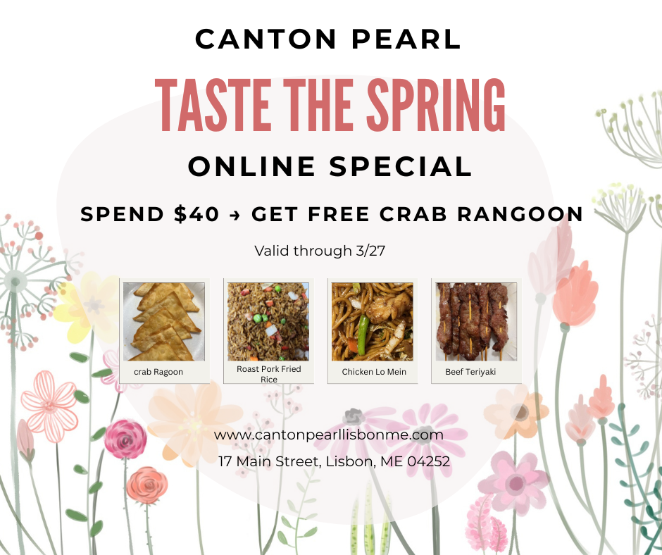 Canton Pearl spring special: Spend $40 online, get free crab rangoon. Valid through March 27.