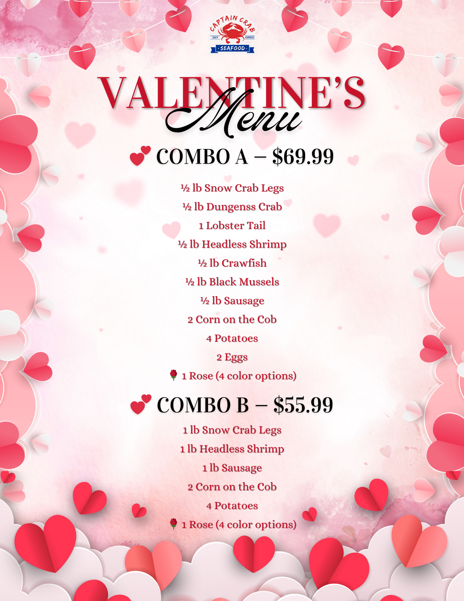 Crab N Go Seafood Promotion Alt: Valentine’s seafood menu poster by Captain Crab featuring Combo A $69.99 and Combo B $55.99 with crab, shrimp, and rose gift.
Title: Captain Crab Valentine’s Menu with seafood combo specials and rose gift options.
