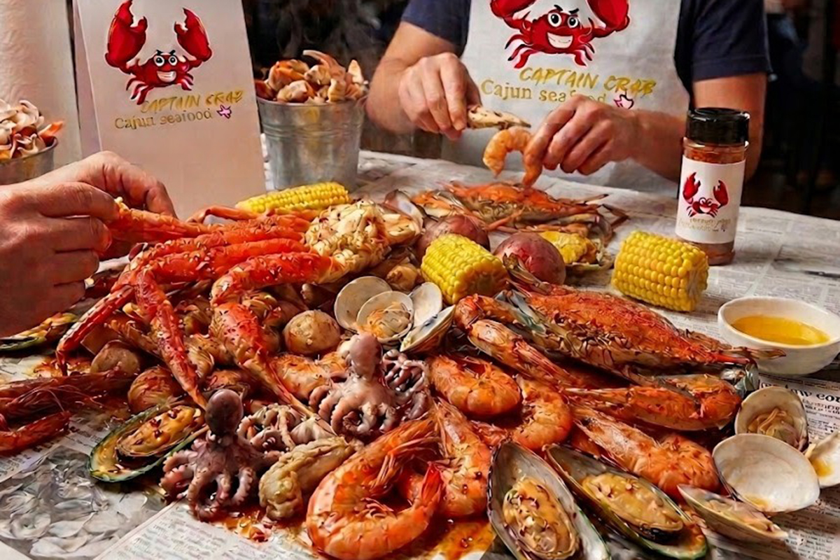 Seafood boil spread with crab shrimp and corn at Captain Crab, a Cajun Seafood Restaurant in New Caney