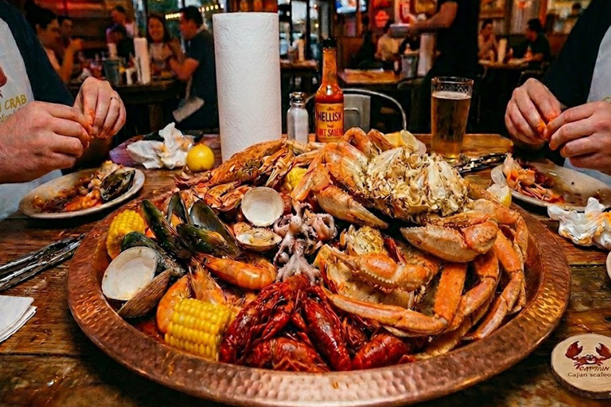 Seafood boil feast with crabs mussels and shrimp at Captain Crab, a Cajun Seafood Restaurant in New Caney