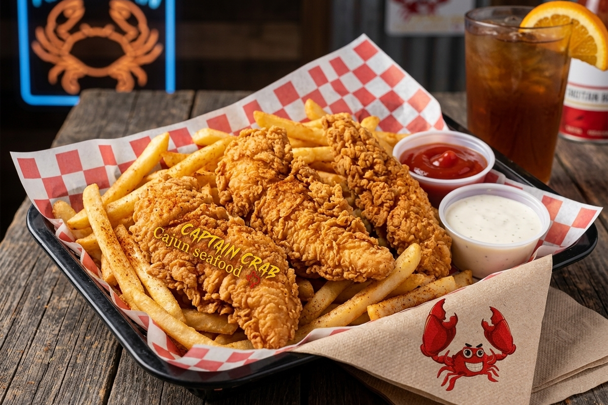 Crispy chicken tenders with fries and sauces at Captain Crab, a Cajun Seafood Restaurant in New Caney