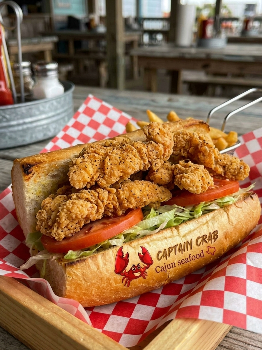 Fried chicken po' boy sandwich with fries at Captain Crab, a Cajun Seafood Restaurant in New Caney