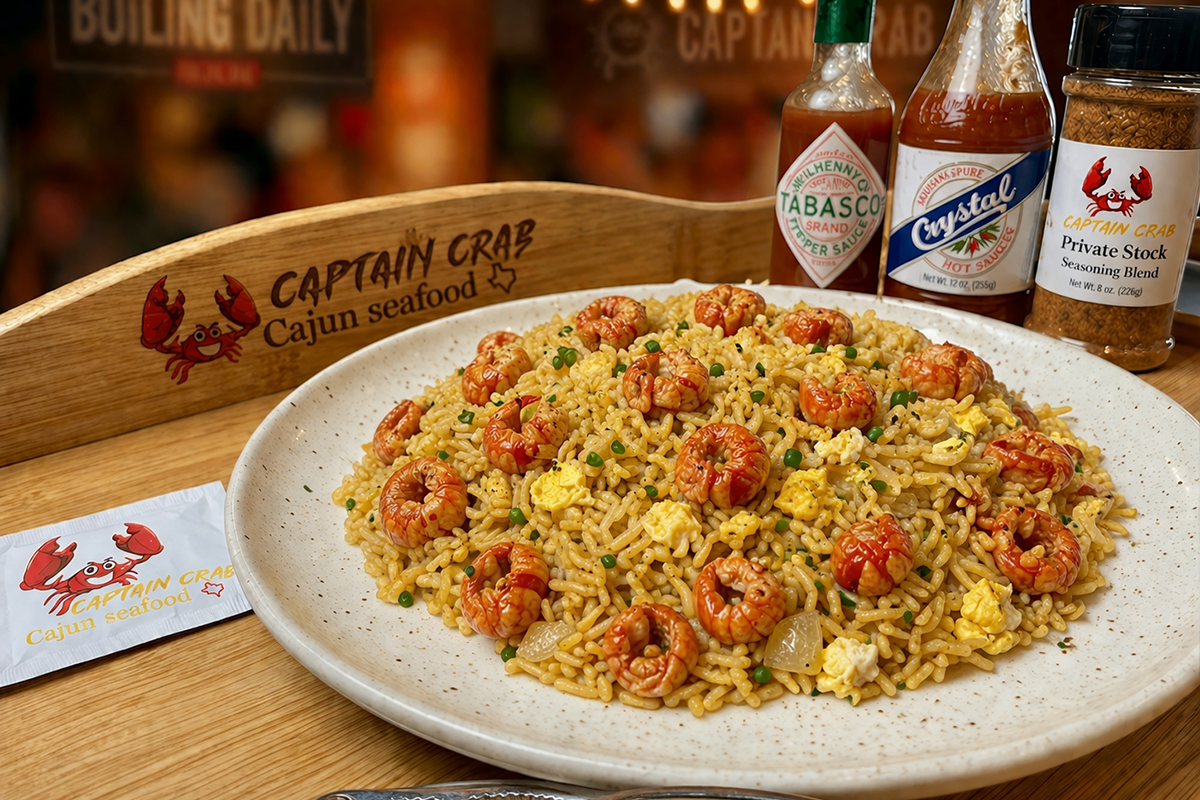 Crawfish fried rice platter at Captain Crab, a Cajun Seafood Restaurant in New Caney