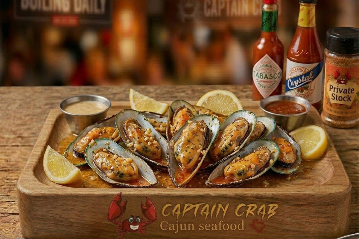 Garlic butter mussels platter at Captain Crab, a Cajun Seafood Restaurant in New Caney