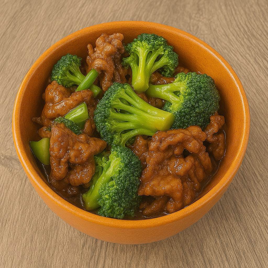 A bowl of beef and broccoli, with tender beef and fresh broccoli florets at Chop Chinese Food，a Chinese Restaurant in Los Angeles