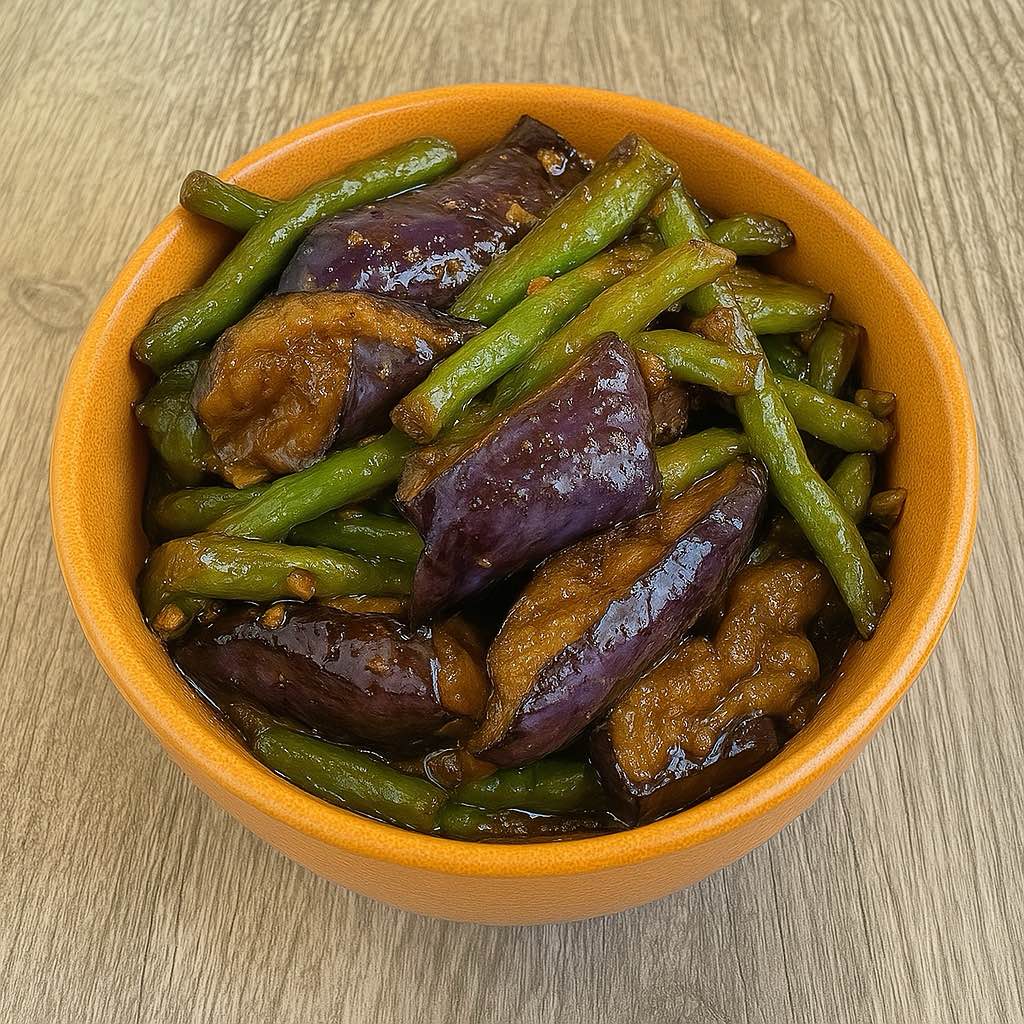 A bowl of eggplant with green beans, with soft eggplant and crisp green beans at Chop Chinese Food，a Chinese Restaurant in Los Angeles