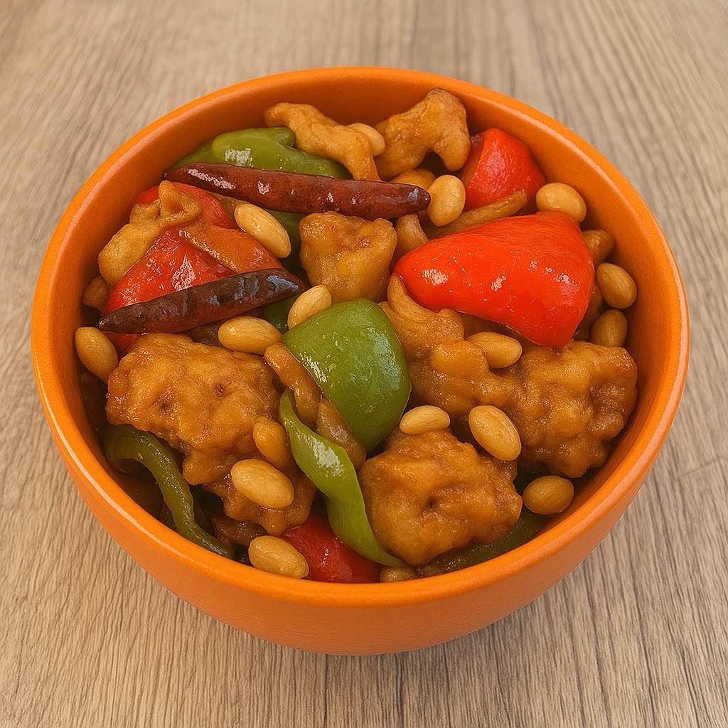 A bowl of kung pao chicken, with diced chicken, peanuts, and chili peppers at Chop Chinese Food，a Chinese Restaurant in Los Angeles