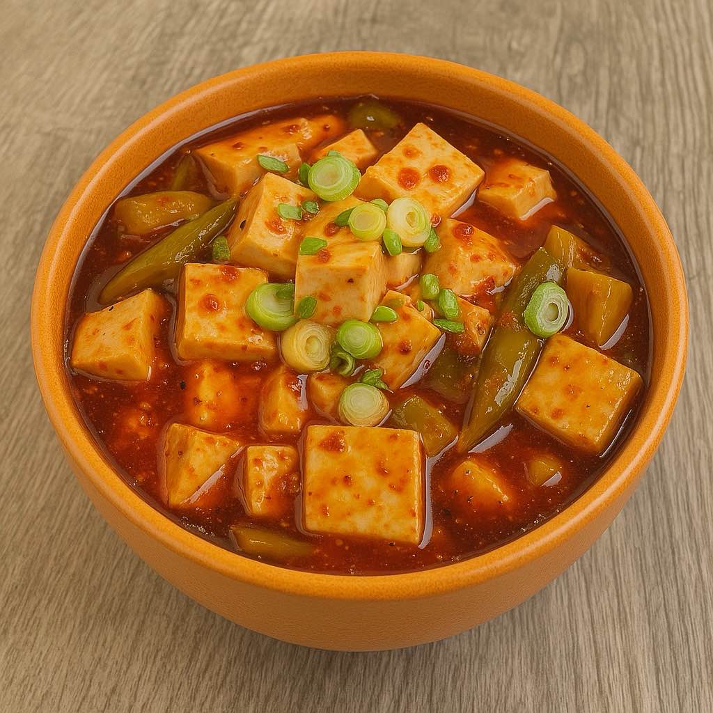 A bowl of mapo tofu, with soft tofu and spicy sauce at Chop Chinese Food，a Chinese Restaurant in Los Angeles