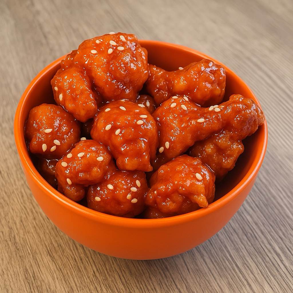A bowl of orange chicken, with crispy chicken pieces in a sweet and tangy orange sauce at Chop Chinese Food，a Chinese Restaurant in Los Angeles