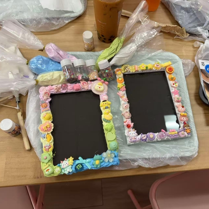 Pastel-colored DIY photo frames in progress at Cha Cha Boba Tea Shoppe, a Bubble tea store in Little Rock