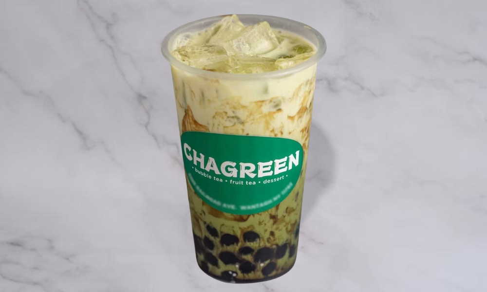 Creamy matcha milk with brown sugar boba at Chagreen tea, a Bubble tea store in Wantagh.