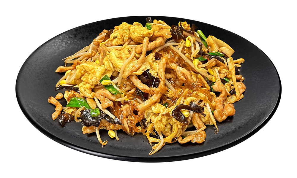 Colorful stir-fry with pork, eggs, sprouts, and mushrooms, savory and satisfying at Chef Ge, a Chinese Restaurant in Highland Park