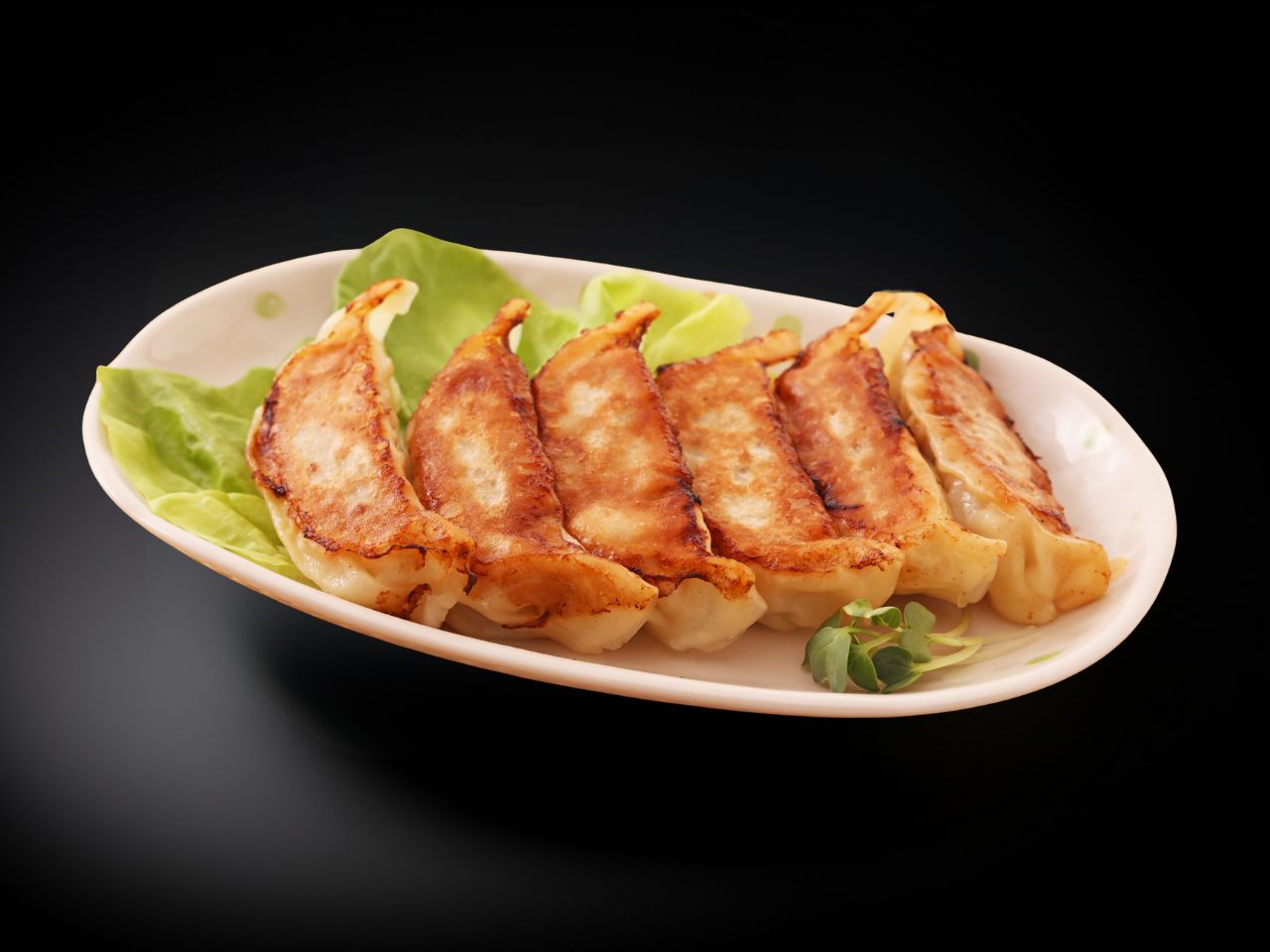 Pan-fried pork dumplings served on fresh lettuce at Chef Gong Chinese Restaurant in Lansing