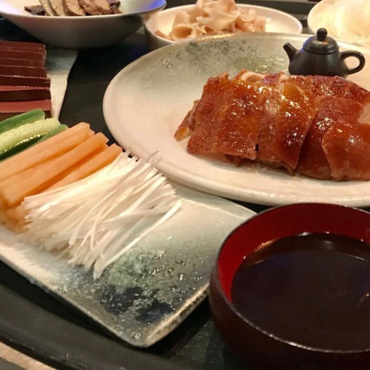 Peking duck platter with sliced veggies and sauce at Chef Huang, a Chinese Restaurant in New York