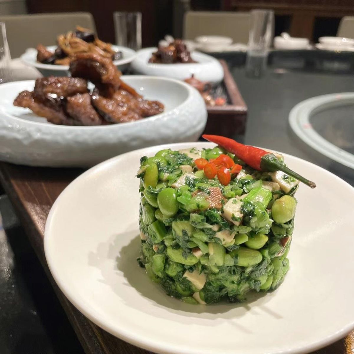 Fresh vegetable and edamame salad tower at Chef Huang, a Chinese Restaurant in New York