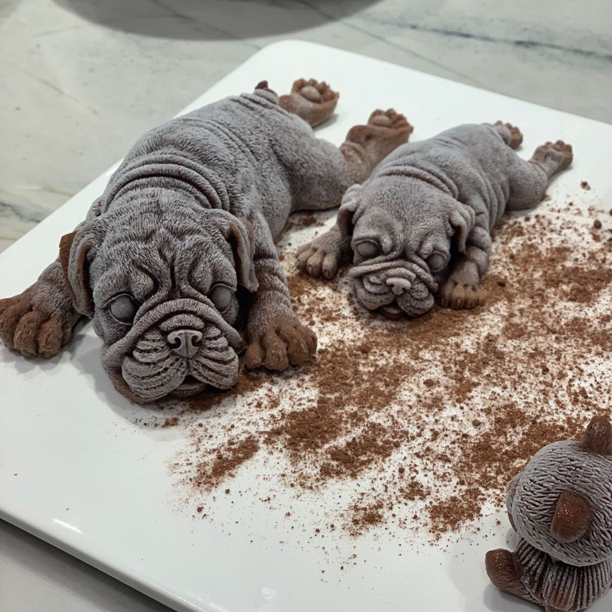 Bulldog-shaped chocolate mousse dessert at Chef Huang, a Chinese Restaurant in New York