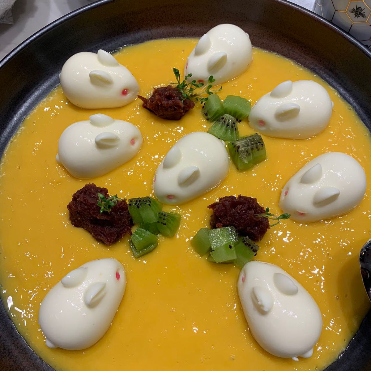 Bunny-shaped coconut pudding dessert platter at Chef Huang, a Chinese Restaurant in New York