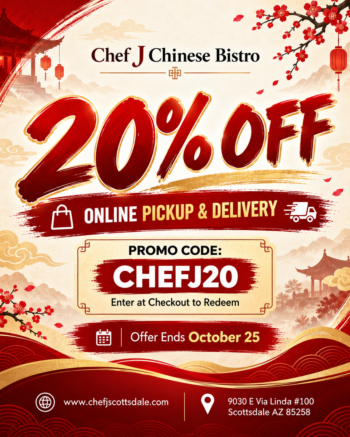 Chef J Chinese Bistro promotional poster offering 20% off online pickup and delivery with promo code CHEFJ20, offer ends October 25.