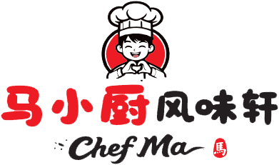 Chef Ma logo, cartoon chef with heart gesture, calligraphy font