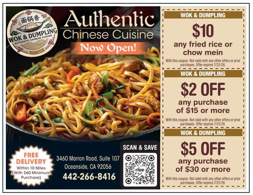 Wok & Dumpling Chinese Cuisine ad in Oceanside, CA with chow mein photo and meal discount coupons.