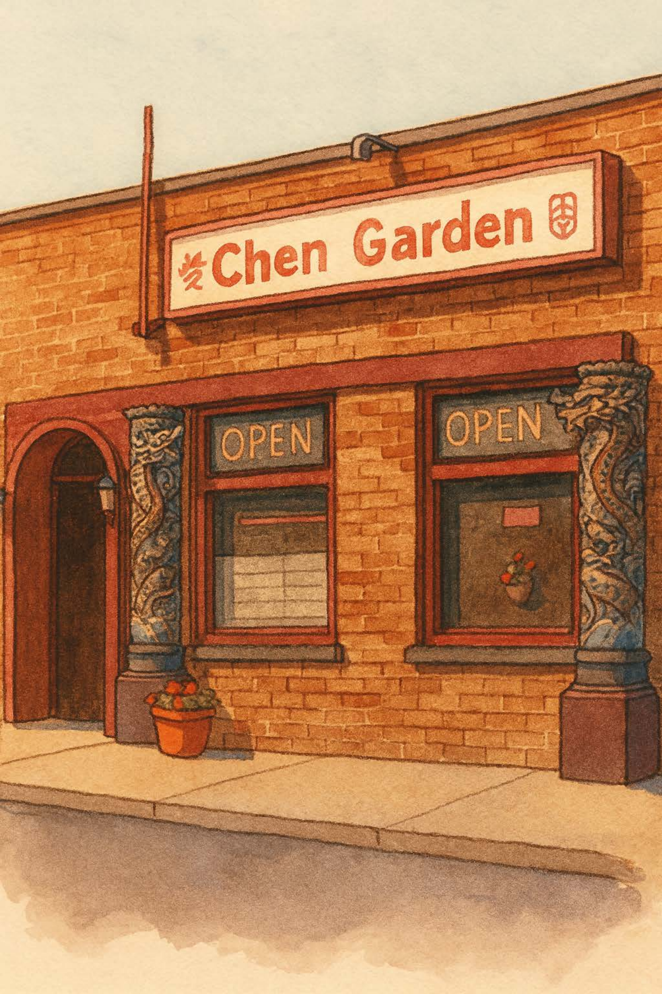 Illustration of the exterior of Chen Garden restaurant, showing brick walls, windows with 'OPEN' signs, a decorative door, and a signboard with the restaurant's name