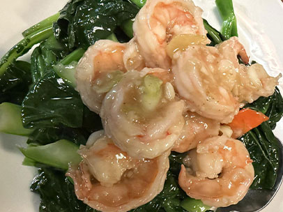 Stir-fried shrimp with Chinese broccoli in a light sauce at Cheng's Restaurant, a Chinese restaurant in Rochester Hills