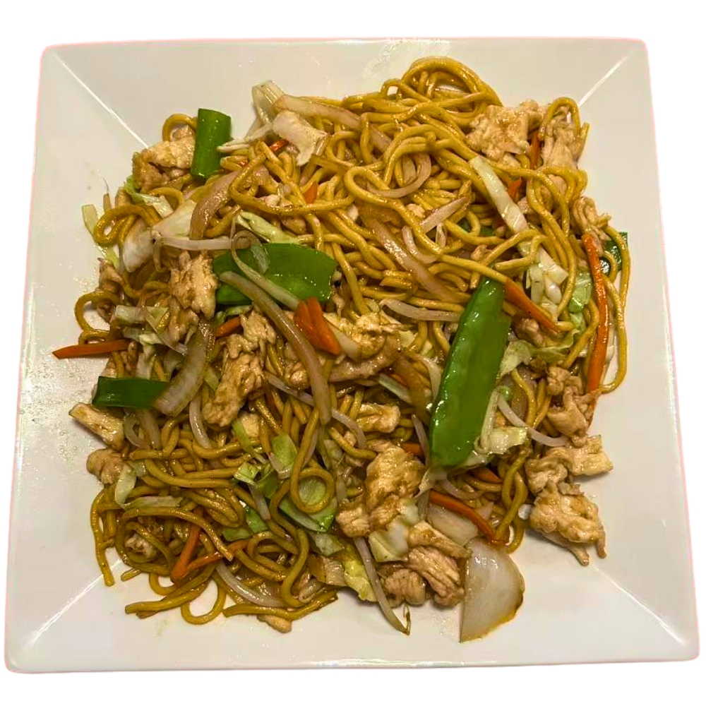 Chen’s-Family-Dish-Six-Wok-&-Bar-Chinese-Restaurant-Chicken-Lo-Mein-Salem Savory chicken lo mein with veggies at Chen's Family Dish Six Wok & Bar, a Chinese Restaurant in Salem