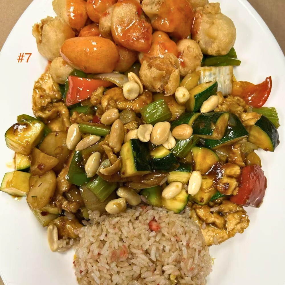 Chen's-Family-Dish-Six-Wok-&-Bar-Chinese-Restaurant-Combination-Plate-with-Sweet-and-Sour-Shrimp-Kung-Pao-Chicken-and-Fried-Rice-Salem A combo plate with sweet and sour shrimp, kung pao chicken, and fried rice at Chen's Family Dish Six Wok & Bar, a Chinese Restaurant in Salem