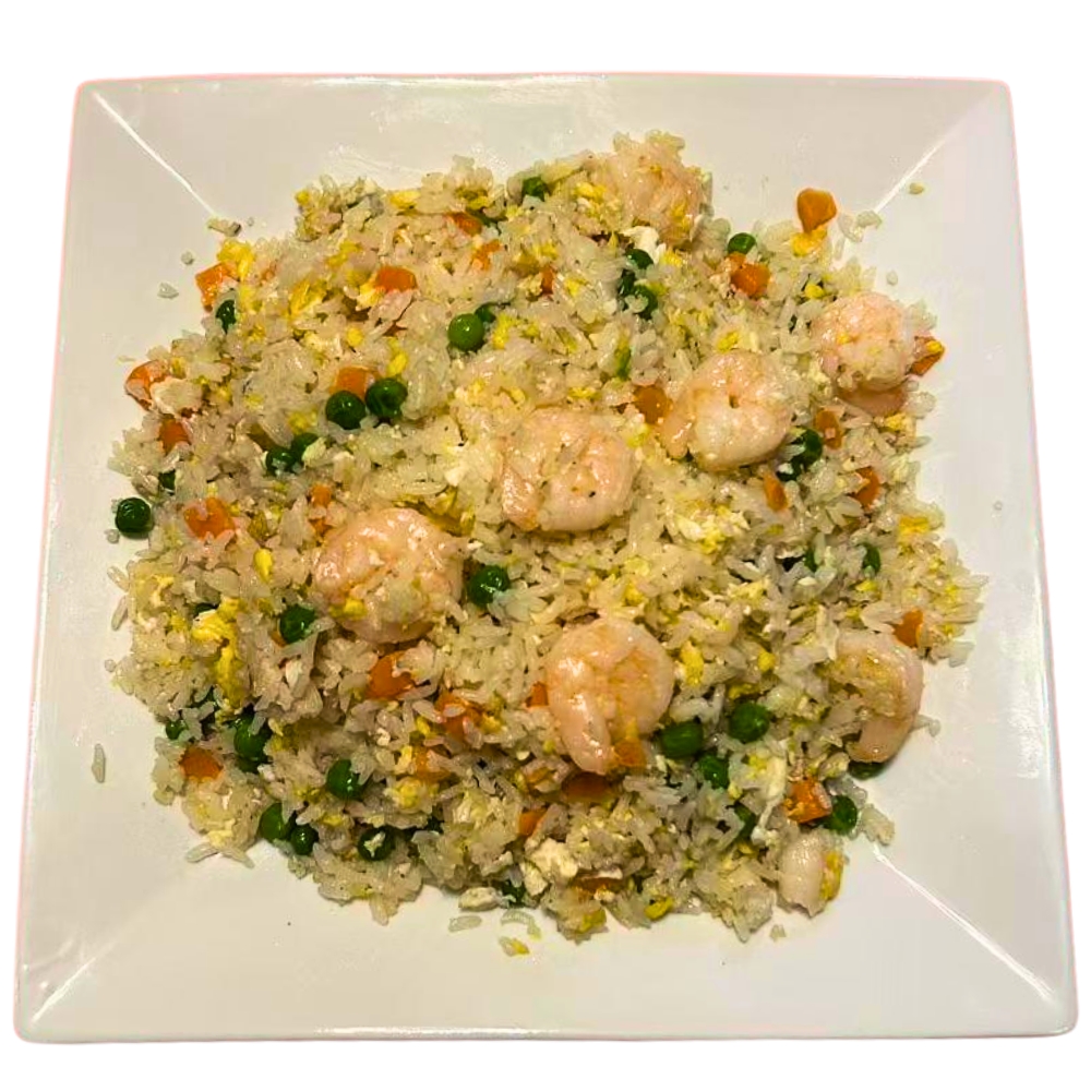 Chen’s-Family-Dish-Six-Wok-&-Bar-Chinese-Restaurant-Shrimp-Fried-Rice-Salem Flavorful fried rice with shrimp, peas, and eggs at Chen's Family Dish Six Wok & Bar, a Chinese Restaurant in Salem