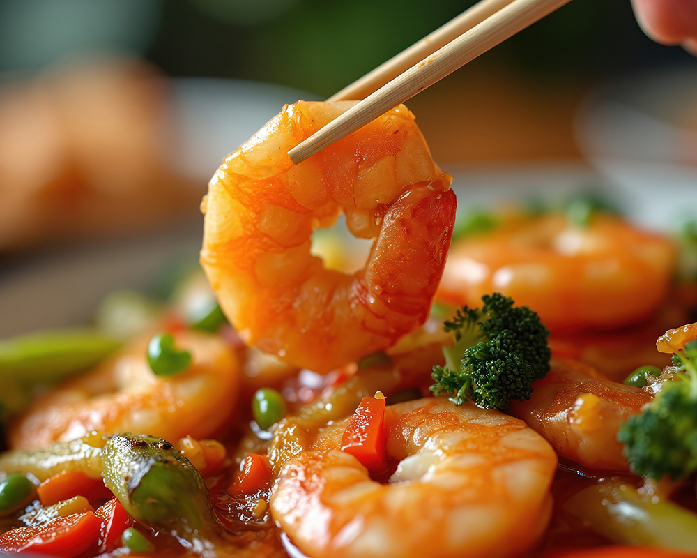 Chopsticks holding glossy sauce coated prawn with mixed veggies at Chen’s Wok, a Chinese Restaurant in Crowley Chopsticks holding glossy sauce coated prawn with mixed veggies at Chen’s Wok, a Chinese Restaurant in Crowley