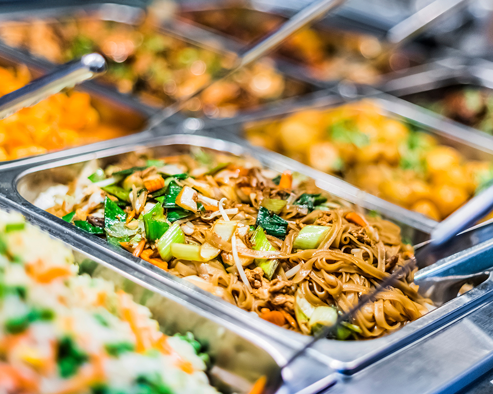 Savory veggie beef flat noodles in metal buffet tray at Chen’s Wok, a Chinese Restaurant in Crowley Savory veggie beef flat noodles in metal buffet tray at Chen’s Wok, a Chinese Restaurant in Crowley
