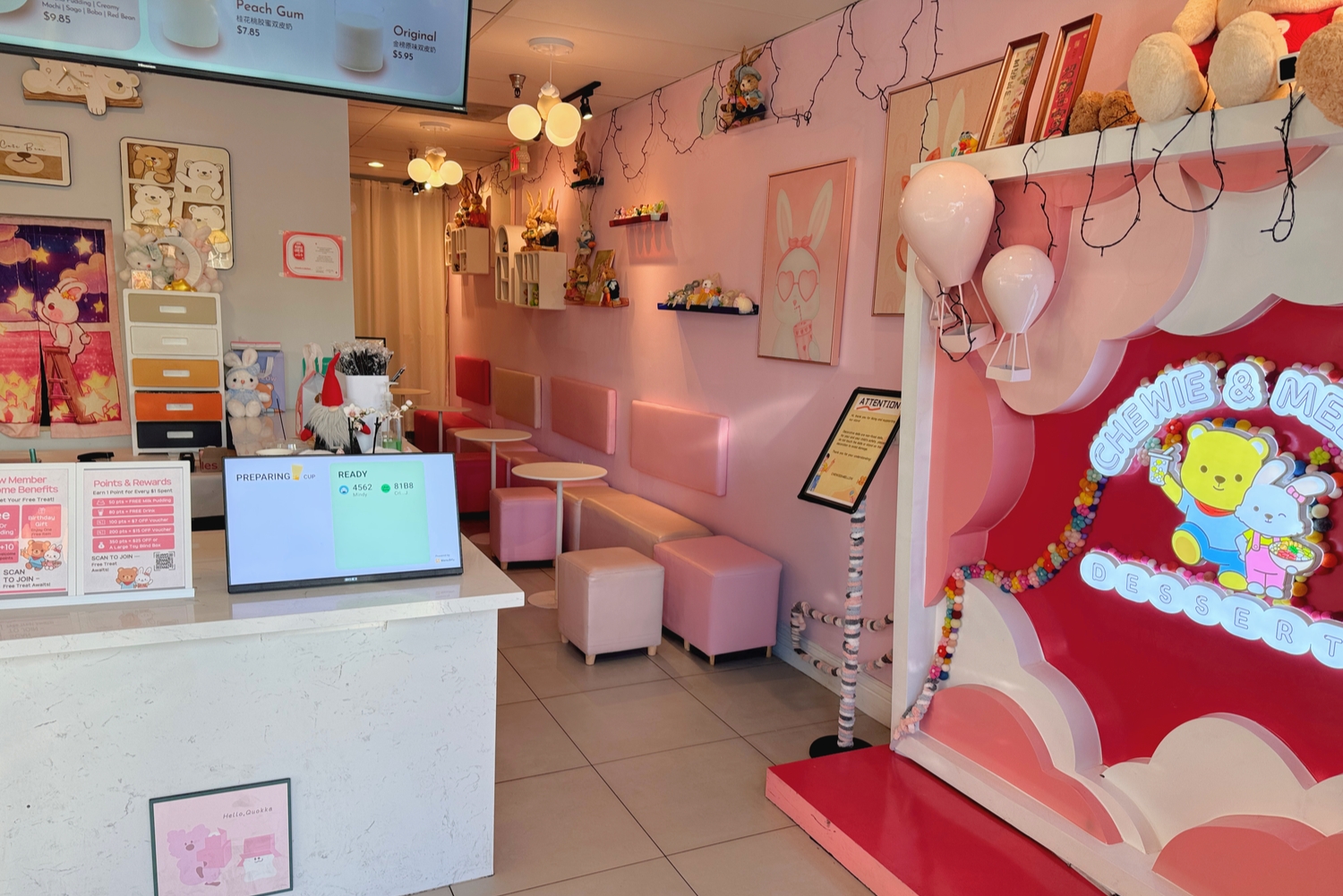 Cute pink-themed shop interior at Chewie & Mellow, a Dessert Shop in Irvine