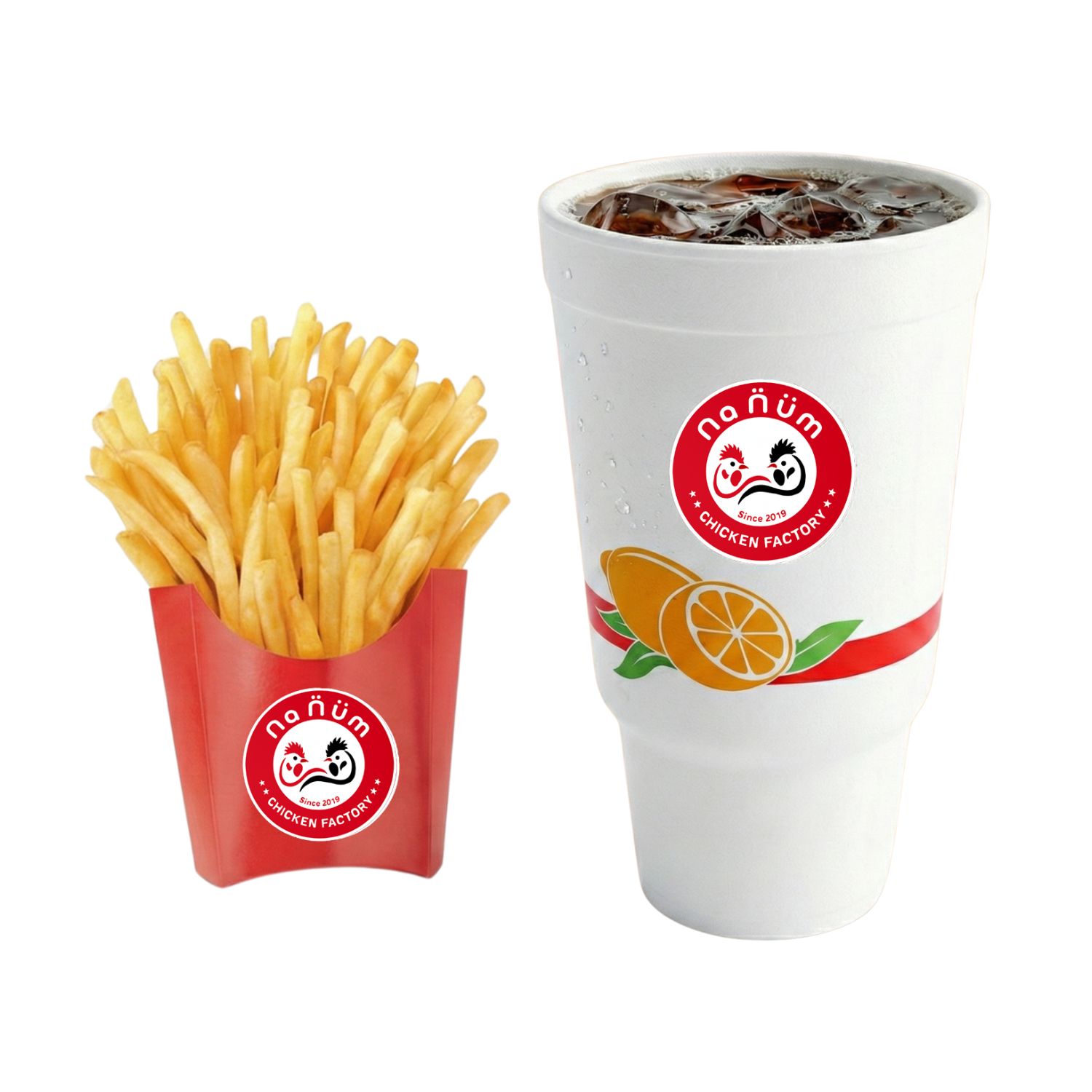 Crispy French fries paired with iced beverage in branded cup at Chicken Factory, a Fast - Food Restaurant in Riverdale
