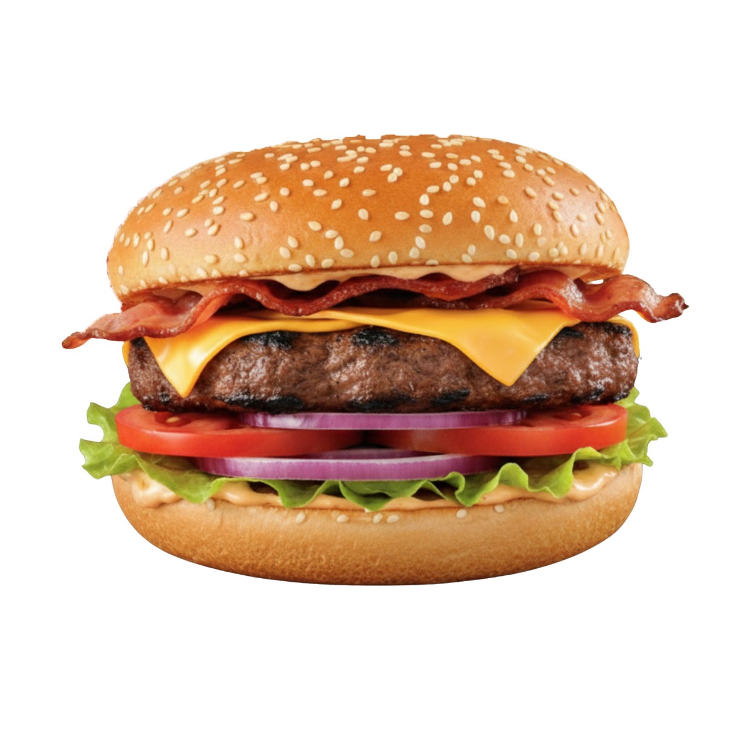 Grilled beef burger with cheese, bacon & fresh veggies at Chicken Factory, a Fast - Food Restaurant in Riverdale