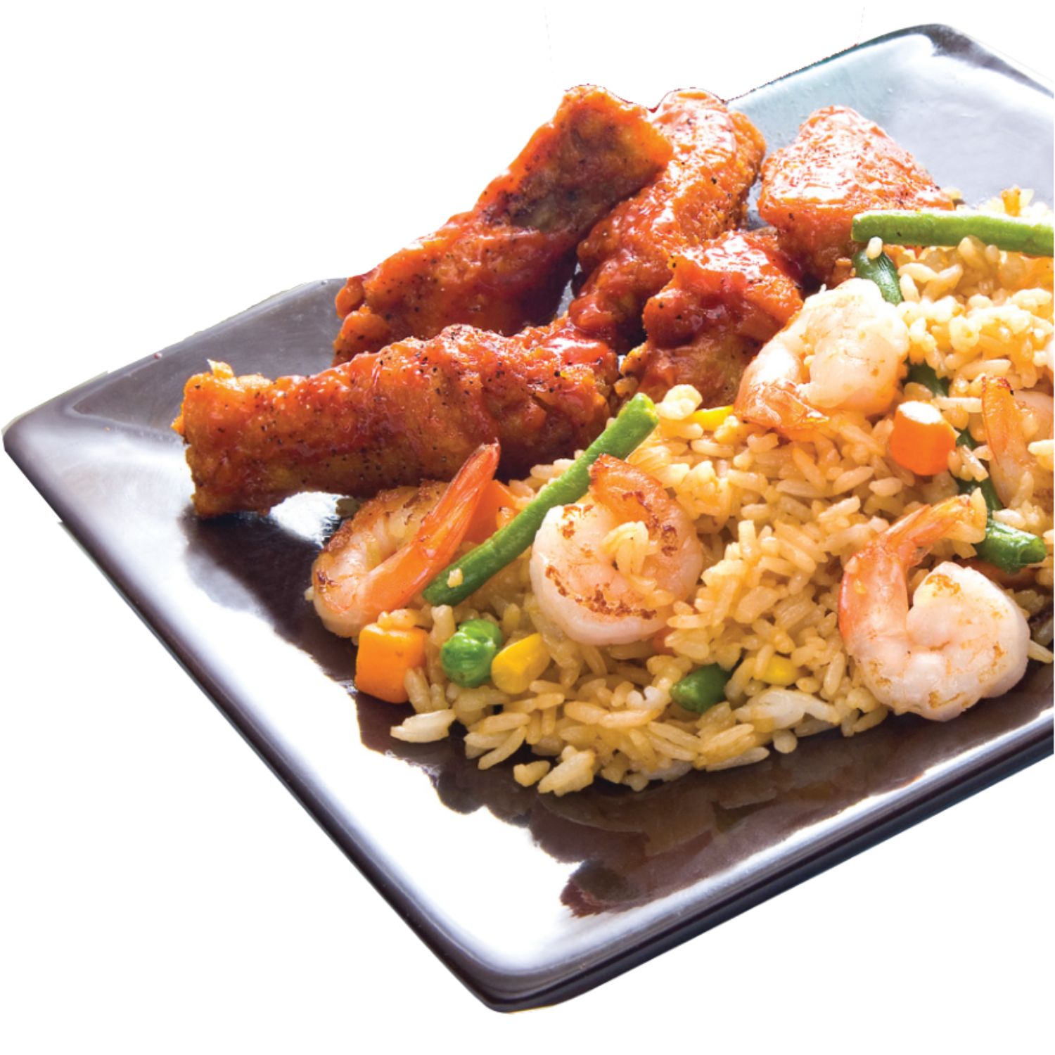 Spicy glazed ribs served with shrimp & veggie fried rice at Chicken Factory, a Fast - Food Restaurant in Riverdale