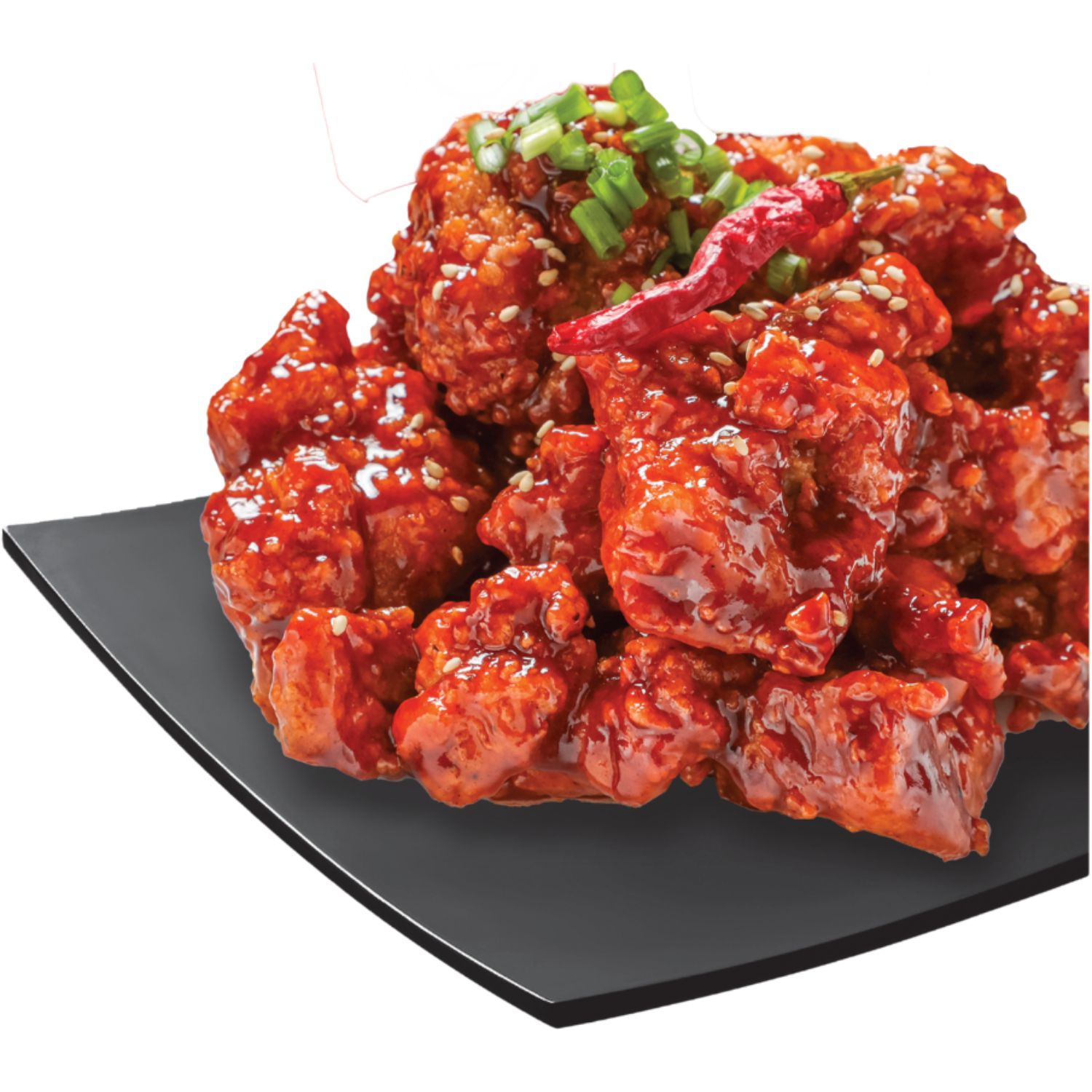 Crispy chicken bites coated in spicy red glaze, topped with sesame at Chicken Factory, a Fast - Food Restaurant in Riverdale