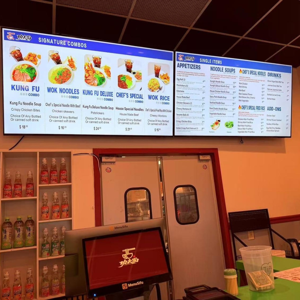 Digital menu board and ordering counter at Kung Fu Noodles, a Chinese Noodle Restaurant in Chilton