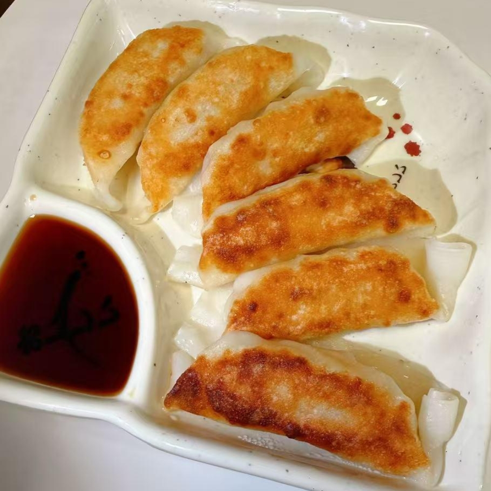 Pan-fried dumplings (guotie) with dipping sauce at Kung Fu Noodles, a Chinese Noodle Restaurant in Chilton