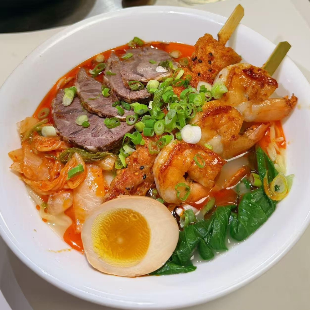 Premium beef noodle soup with skewers and shrimp at Kung Fu Noodles, a Chinese Noodle Restaurant in Chilton