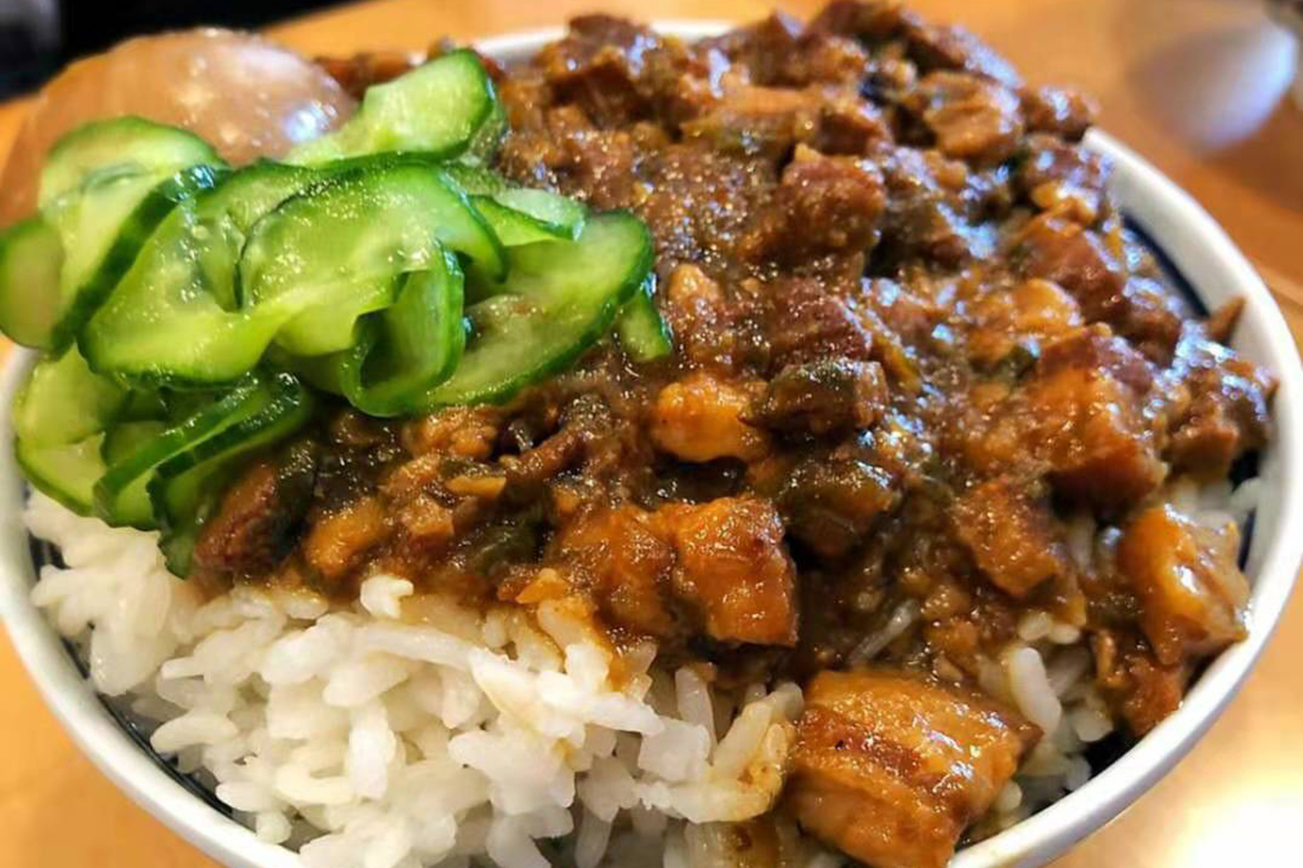 Braised pork rice with pickled cucumber at ChiMaMa's Noodle House, a Taiwanese Restaurant in Bayside
