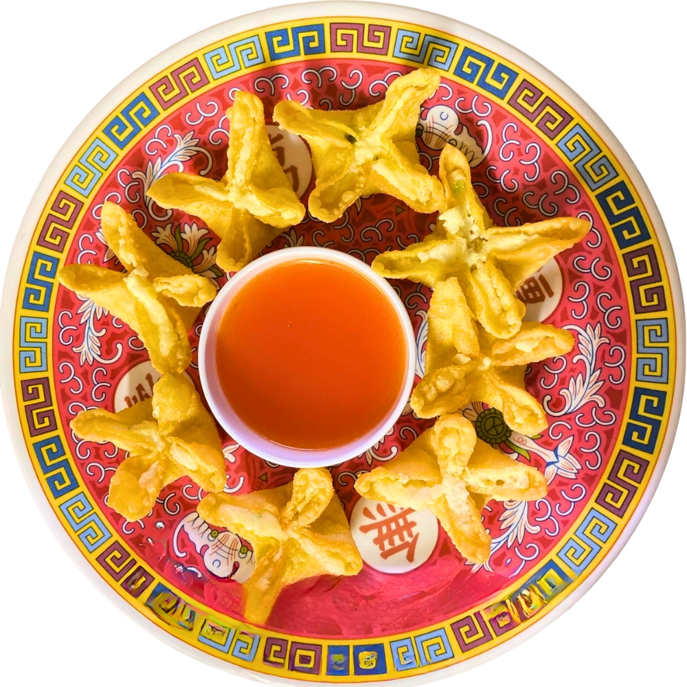 Golden cream cheese wontons with sauce at China Cuisine, a Chinese Restaurant in Okemah