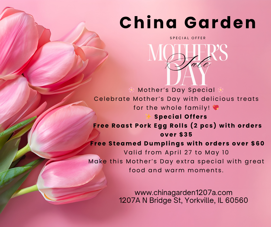 Mother’s Day promo poster for China Garden with tulips, special offers, and free food deals for orders over $35 and $60
