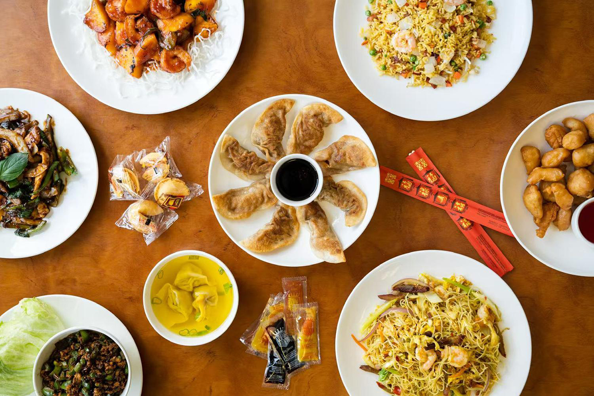 Chinese family-style meal spread at China House，a Chinese Restaurant in Scotch Plains