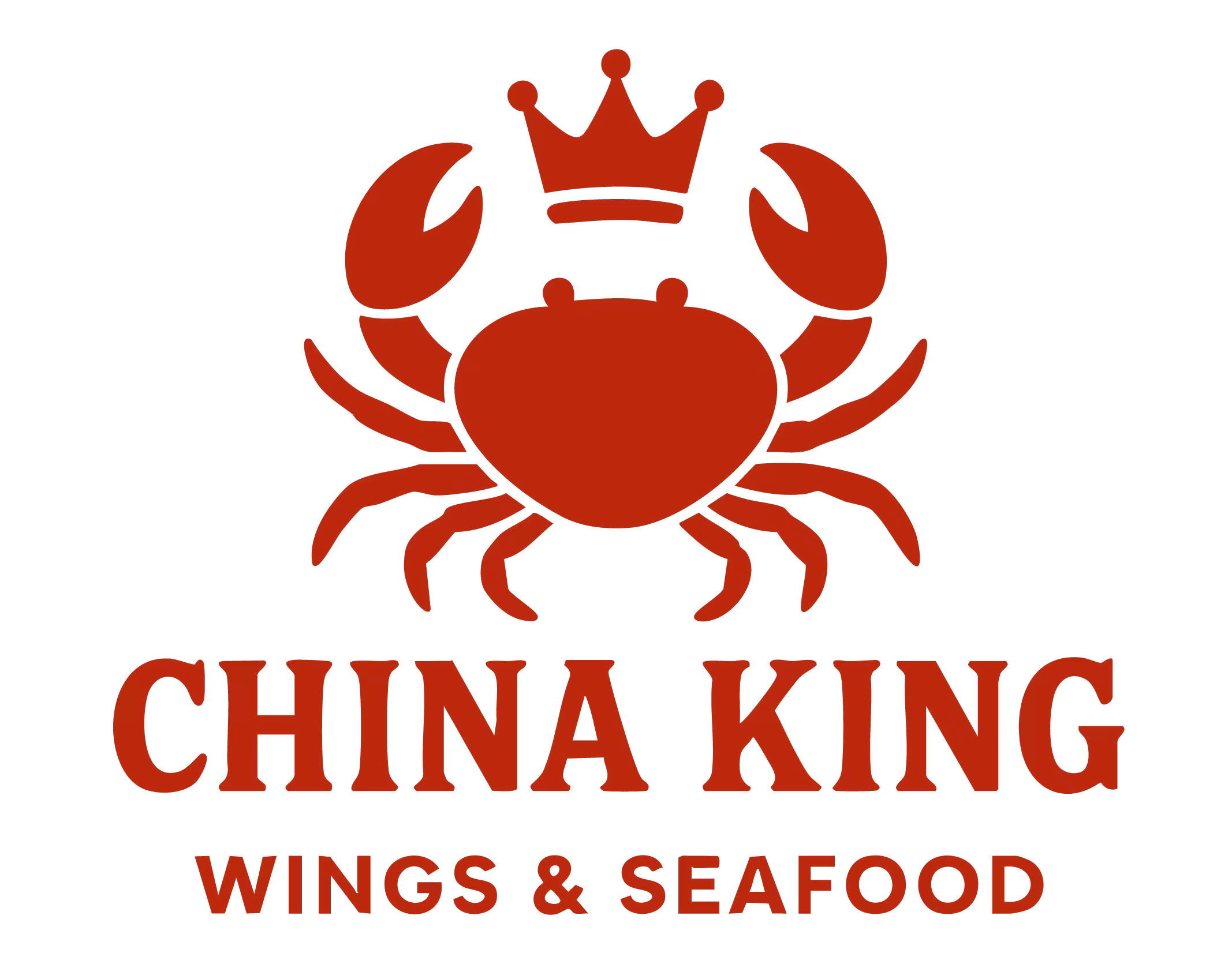 China King Wings & Seafood logo, featuring a red crab with a crown as the main element, with the brand name below